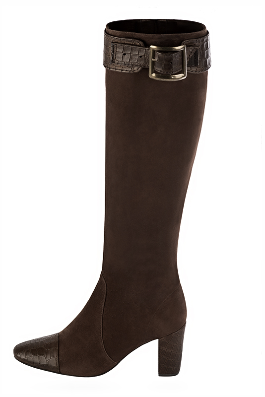 Dark brown women's feminine knee-high boots. Round toe. High block heels. Made to measure. Worn view - Florence KOOIJMAN